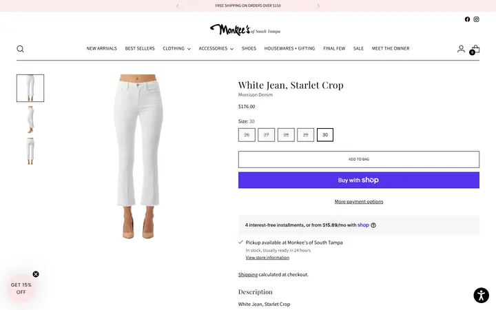 Website page titled White Jean, Starlet Crop – Monkee's of South Tampa