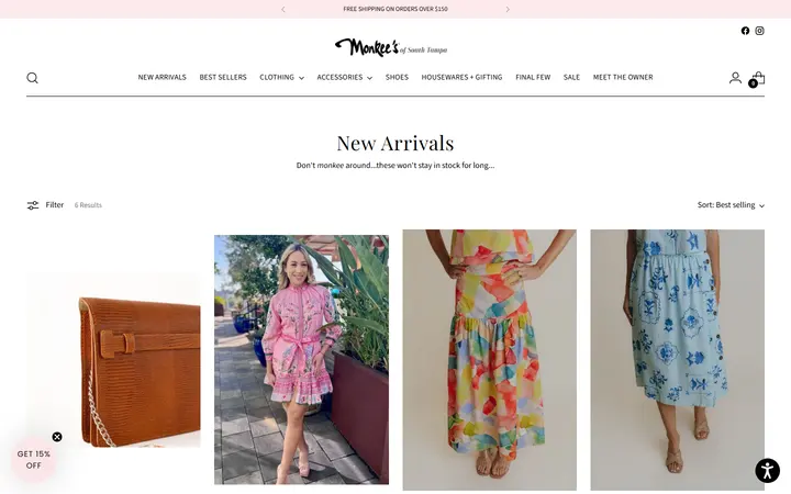 Website page titled New Arrivals – Monkee's of South Tampa
