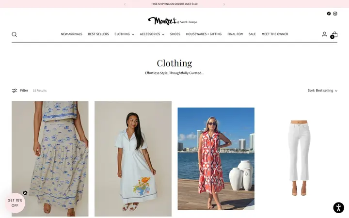 Website page titled Clothing – Monkee's of South Tampa