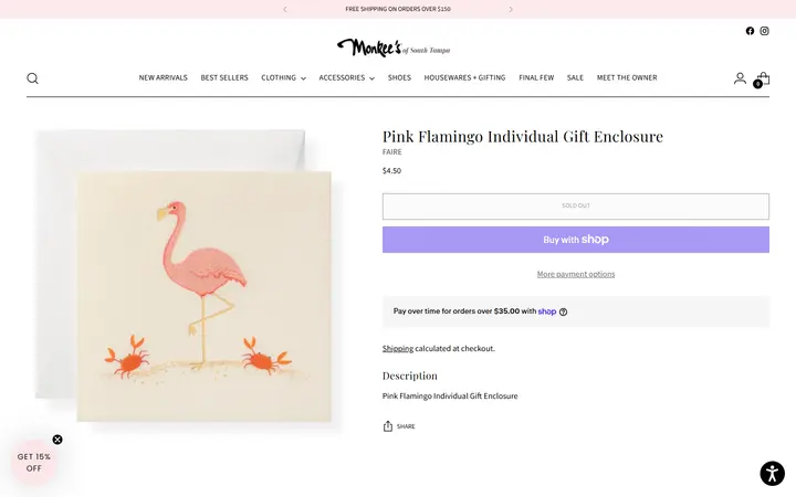 Website page titled Pink Flamingo Individual Gift Enclosure – Monkee's of South Tampa