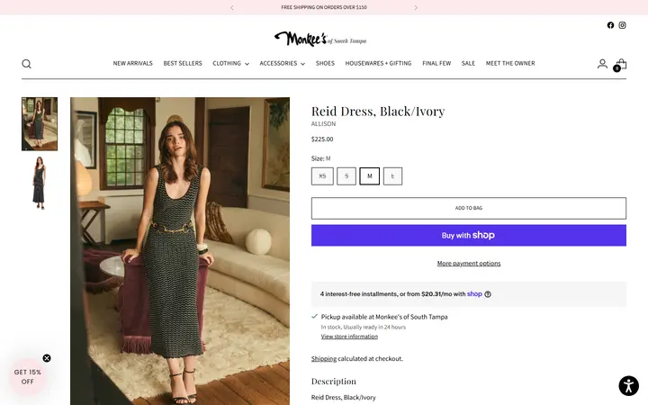 Website page titled Reid Dress, Black/Ivory – Monkee's of South Tampa