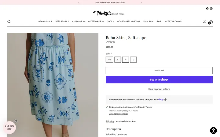 Website page titled Baha Skirt, Saltscape – Monkee's of South Tampa