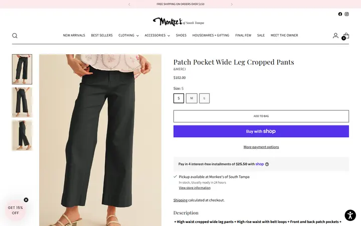 Website page titled Patch Pocket Wide Leg Cropped Pants – Monkee's of South Tampa