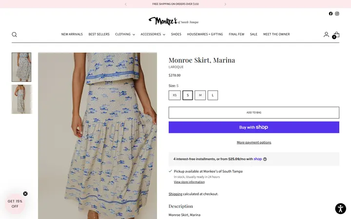 Website page titled Monroe Skirt, Marina – Monkee's of South Tampa