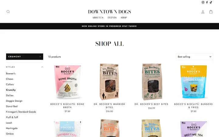 Website page titled Shop All – Tagged "Crunchy"– Downtown Dogs
