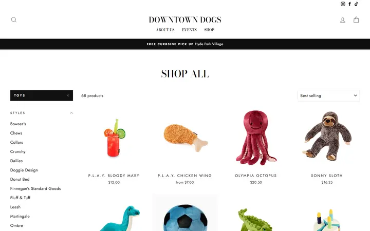 Website page titled Shop All – Tagged "Toys"– Downtown Dogs