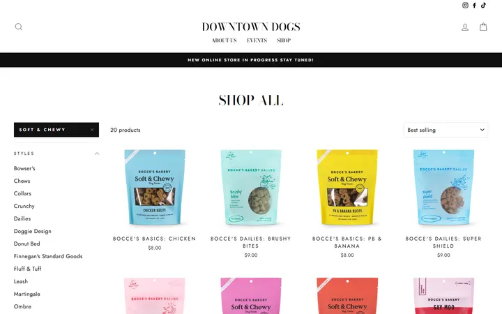 Website page titled Shop All – Tagged "Soft & Chewy"– Downtown Dogs