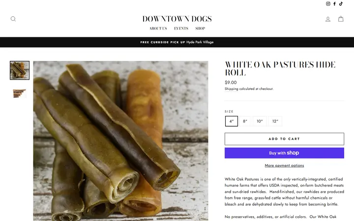 Website page titled White Oak Pastures Hide Roll – Downtown Dogs