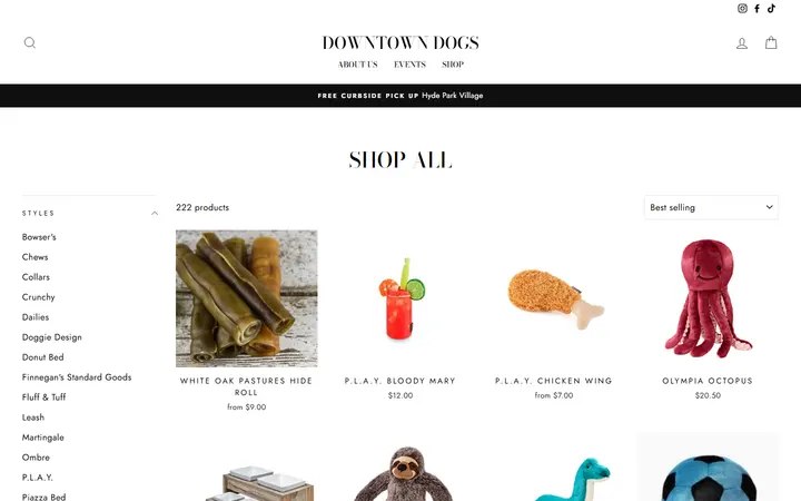 Website page titled Shop All – Downtown Dogs