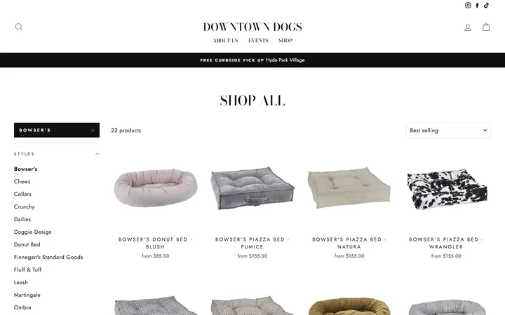 Website page titled Shop All – Tagged "Bowser's"– Downtown Dogs