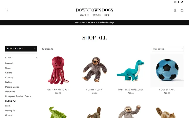 Website page titled Shop All – Tagged "Fluff & Tuff"– Downtown Dogs