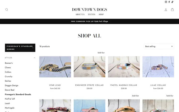 Website page titled Shop All – Tagged "Finnegan's Standard Goods"– Downtown Dogs