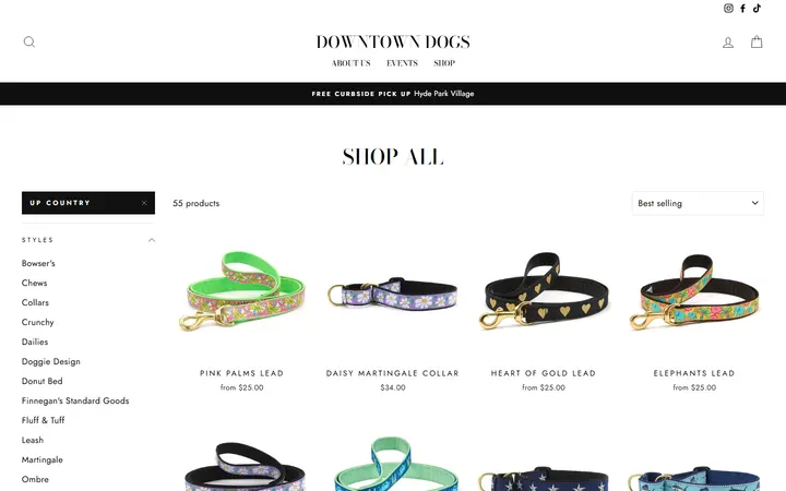 Website page titled Shop All – Tagged "Up Country"– Downtown Dogs