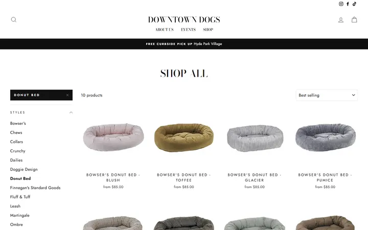 Website page titled Shop All – Tagged "Donut Bed"– Downtown Dogs