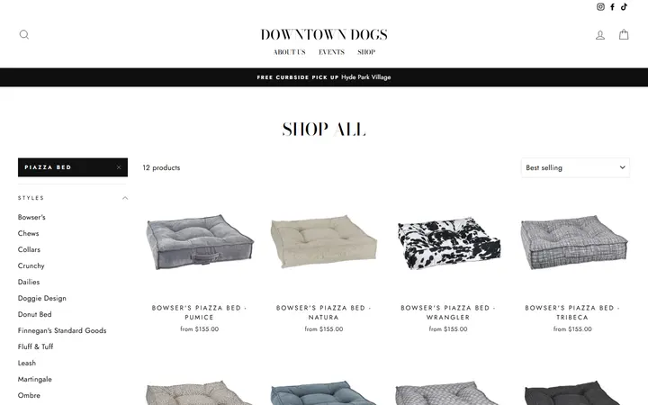 Website page titled Shop All – Tagged "Piazza Bed"– Downtown Dogs