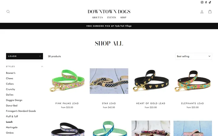 Website page titled Shop All – Tagged "Leash"– Downtown Dogs