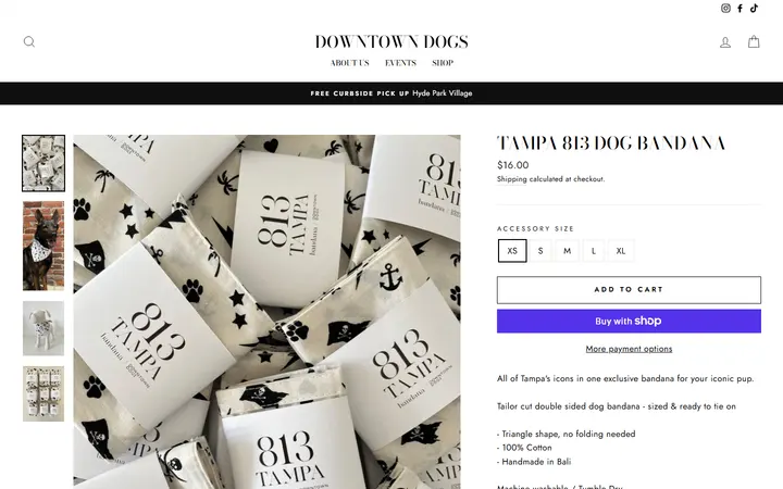 Website page titled Tampa 813 Dog Bandana – Downtown Dogs