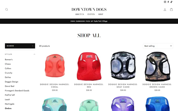 Website page titled Shop All – Tagged "Ombre"– Downtown Dogs