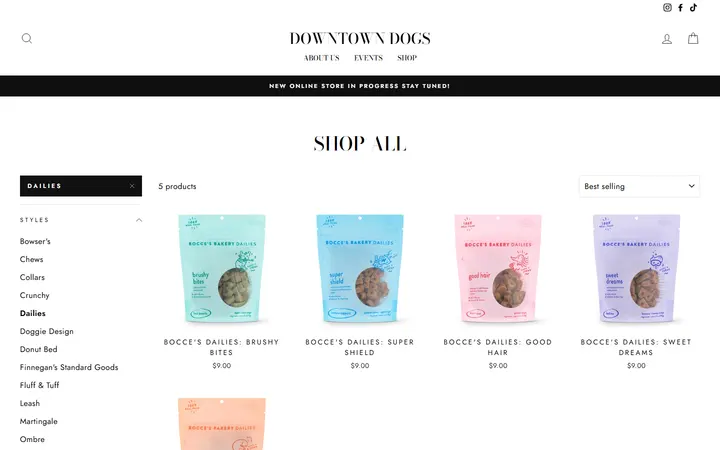 Website page titled Shop All – Tagged "Dailies"– Downtown Dogs