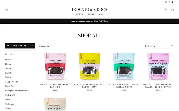 Website page titled Shop All – Tagged "Training Treats"– Downtown Dogs