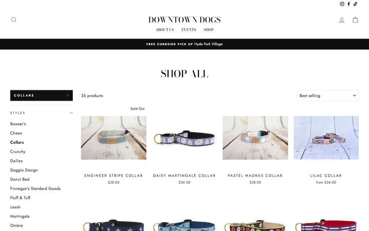 Website page titled Shop All – Tagged "Collars"– Downtown Dogs