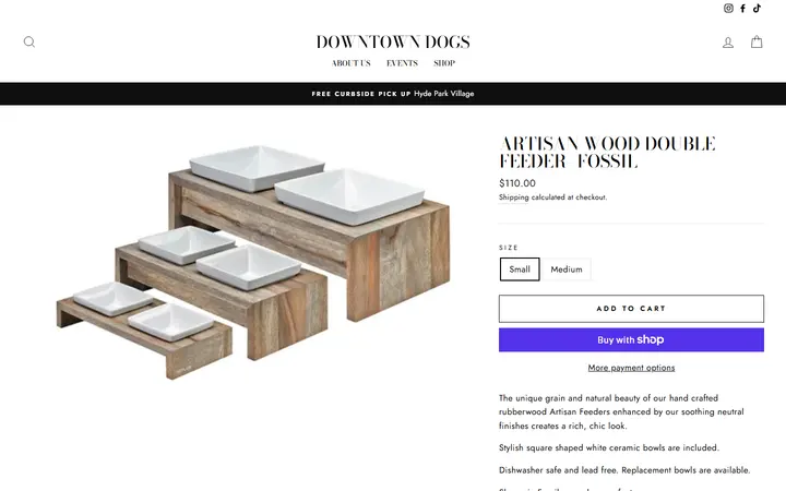 Website page titled Artisan Wood Double Feeder- Fossil – Downtown Dogs