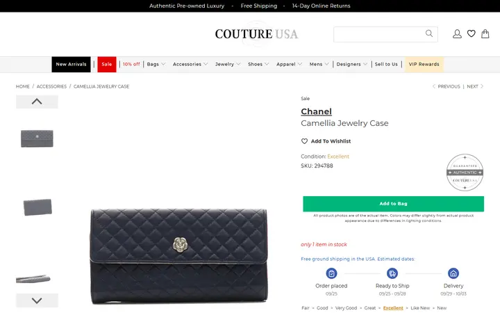 Website page titled Chanel Camellia Jewelry Case - Couture USA