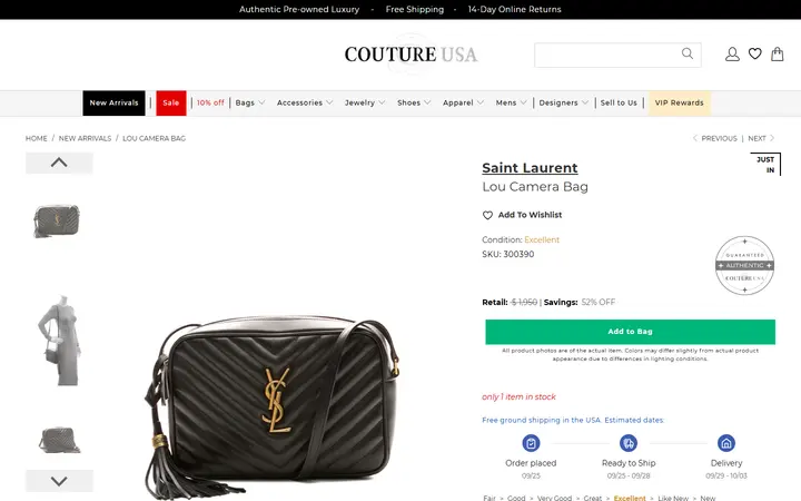 Website page titled Saint Laurent Lou Camera Bag - Couture USA