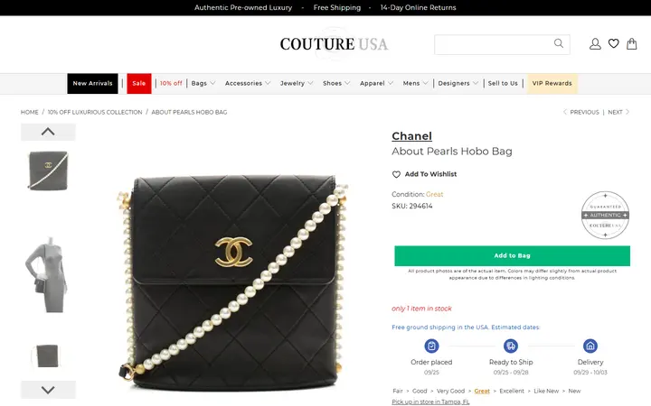 Website page titled Chanel About Pearls Hobo Bag - Couture USA