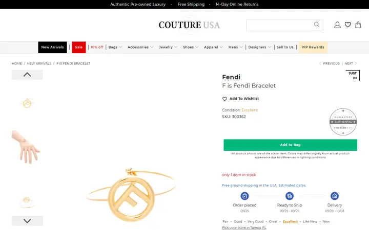 Website page titled Fendi F is Fendi Bracelet - Couture USA