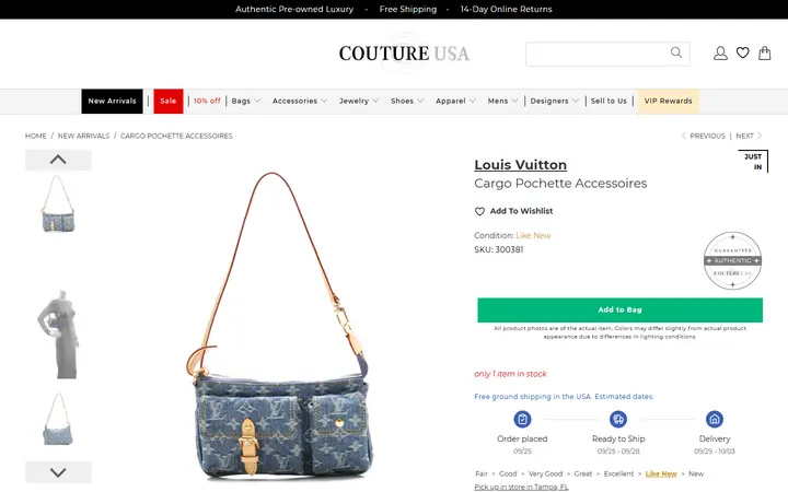 Website page titled Louis Vuitton Cargo Pochette Accessoires - Couture USA