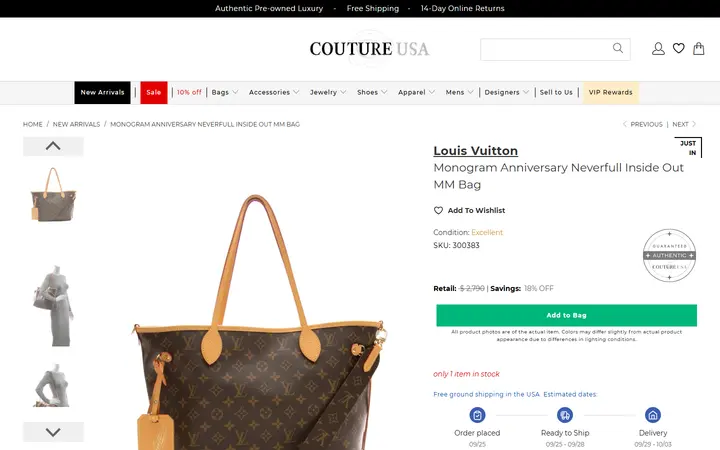 Website page titled Louis Vuitton Monogram Anniversary Neverfull Inside Out MM Bag - Couture USA