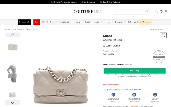 Website page titled Chanel Chanel 19 Bag - Couture USA