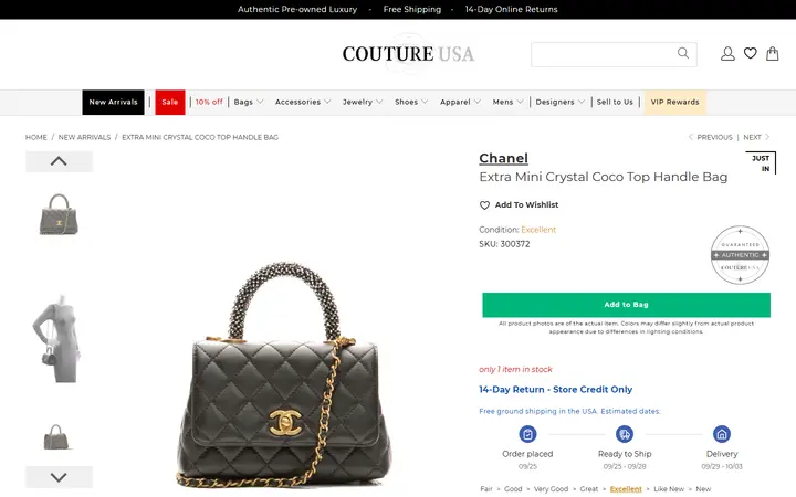Website page titled Chanel Extra Mini Crystal Coco Top Handle Bag - Couture USA