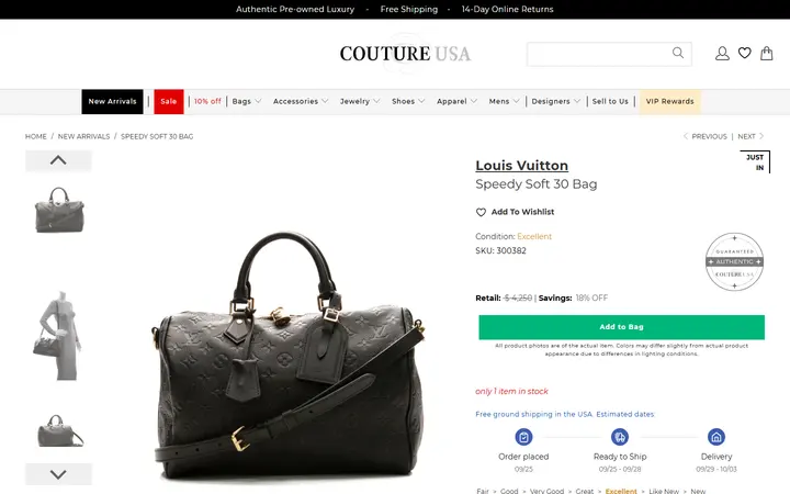Website page titled Louis Vuitton Speedy Soft 30 Bag - Couture USA