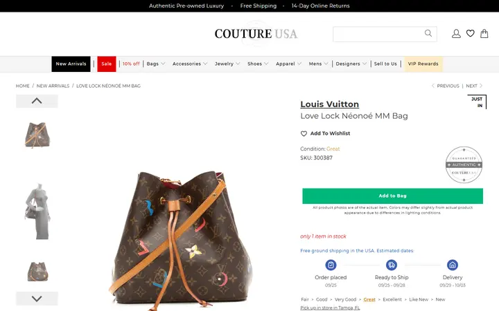 Website page titled Louis Vuitton Love Lock Néonoé MM Bag - Couture USA