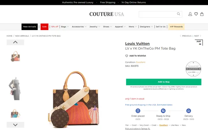 Website page titled Louis Vuitton LV x YK OnTheGo PM Tote Bag - Couture USA
