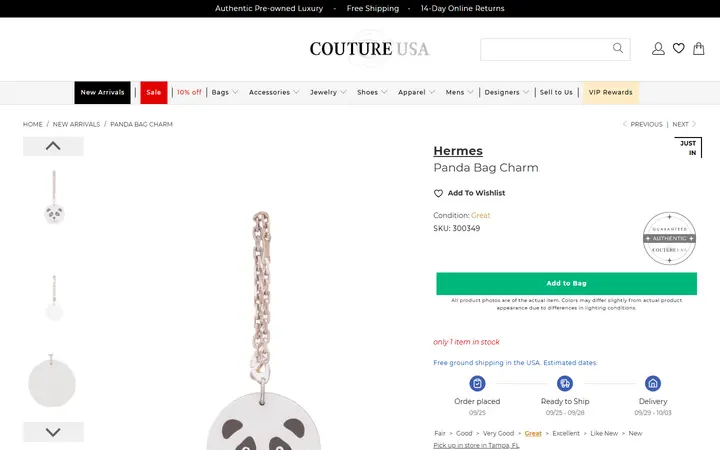 Website page titled Hermes Panda Bag Charm - Couture USA