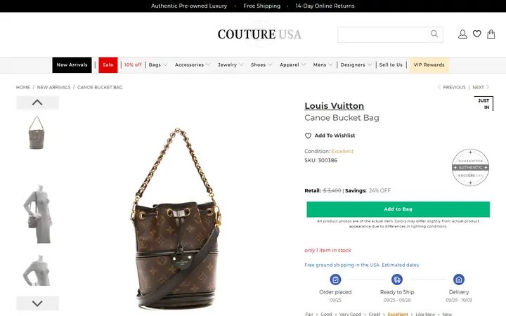 Website page titled Louis Vuitton Canoe Bucket Bag - Couture USA