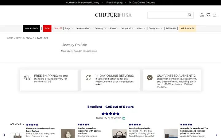 Website page titled Jewelry On Sale - Couture USA