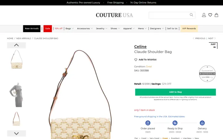 Website page titled Celine Claude Shoulder Bag - Couture USA