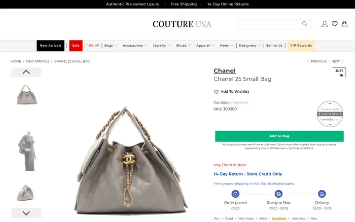 Website page titled Chanel Chanel 25 Small Bag - Couture USA