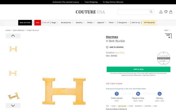 Website page titled Hermes H Belt Buckle - Couture USA