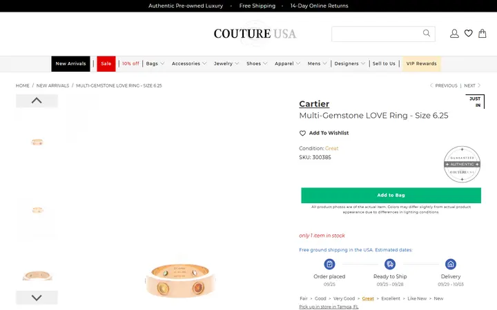 Website page titled Cartier Multi-Gemstone LOVE Ring - Size 6.25 - Couture USA