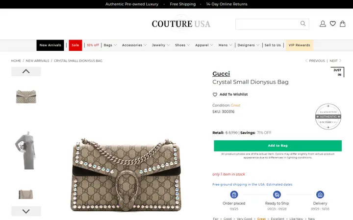 Website page titled Gucci Crystal Small Dionysus Bag - Couture USA