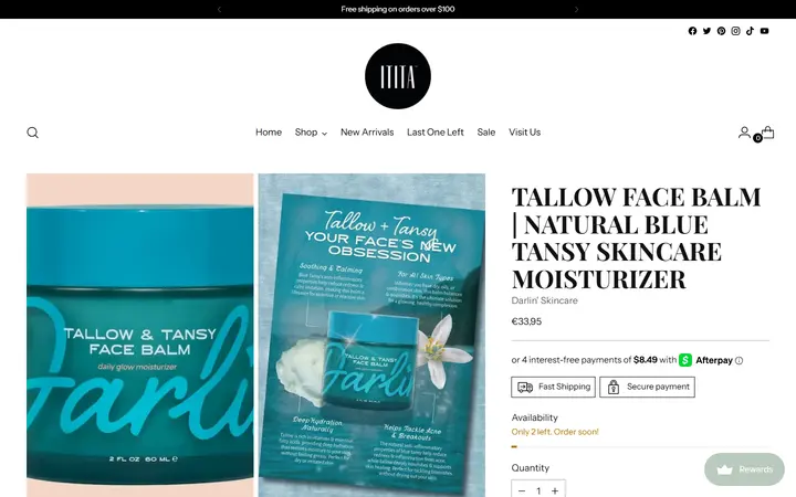 Website page titled Tallow Face Balm | Natural Blue Tansy Skincare Moisturizer – ititaboutique