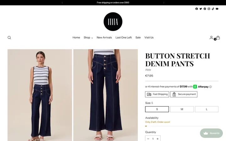 Website page titled Button Stretch Denim Pants – ititaboutique