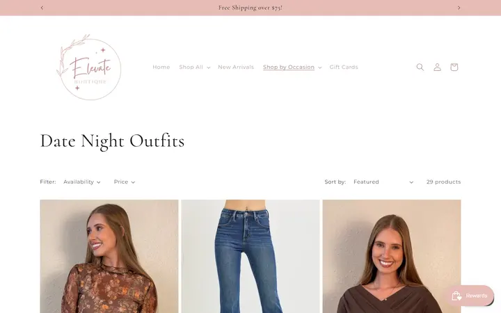 Website page titled Date Night Outfits – Elevate Boutique
