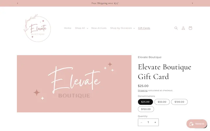Website page titled Elevate Boutique Gift Card