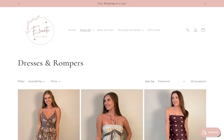 Website page titled Dresses & Rompers – Elevate Boutique